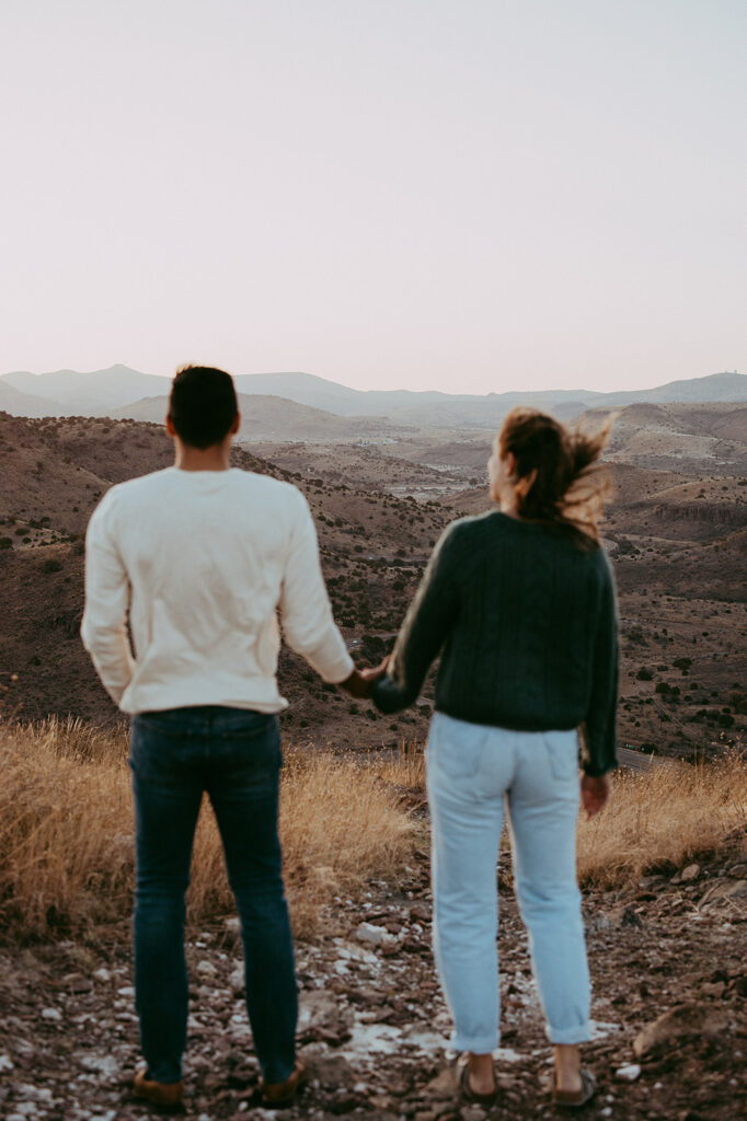 couple holding hands looking at the mountains