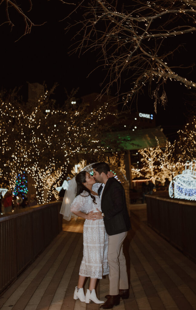 couple kissing during their city elopement 