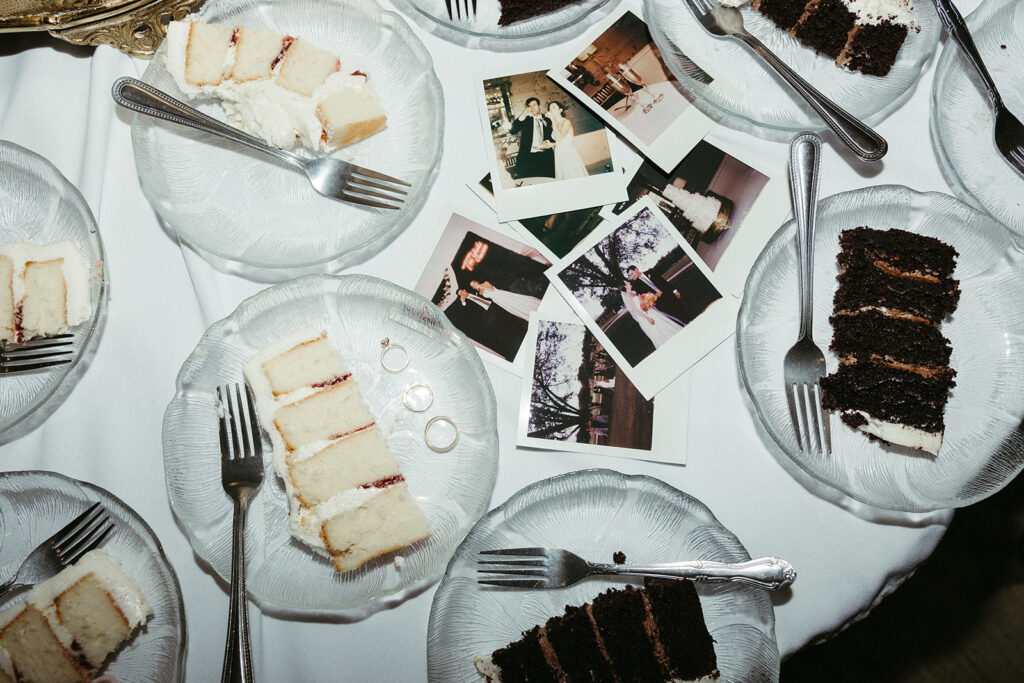 polaroids and cake at the luxurious wedding day 