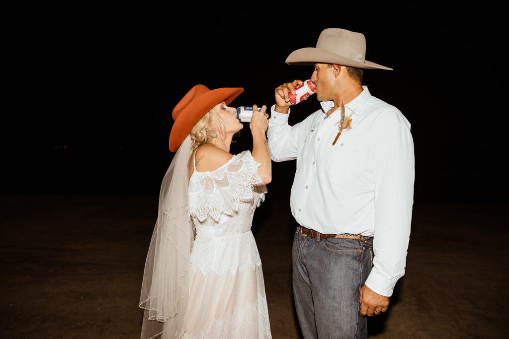 bride and groom drinking at their texas coast wedding party